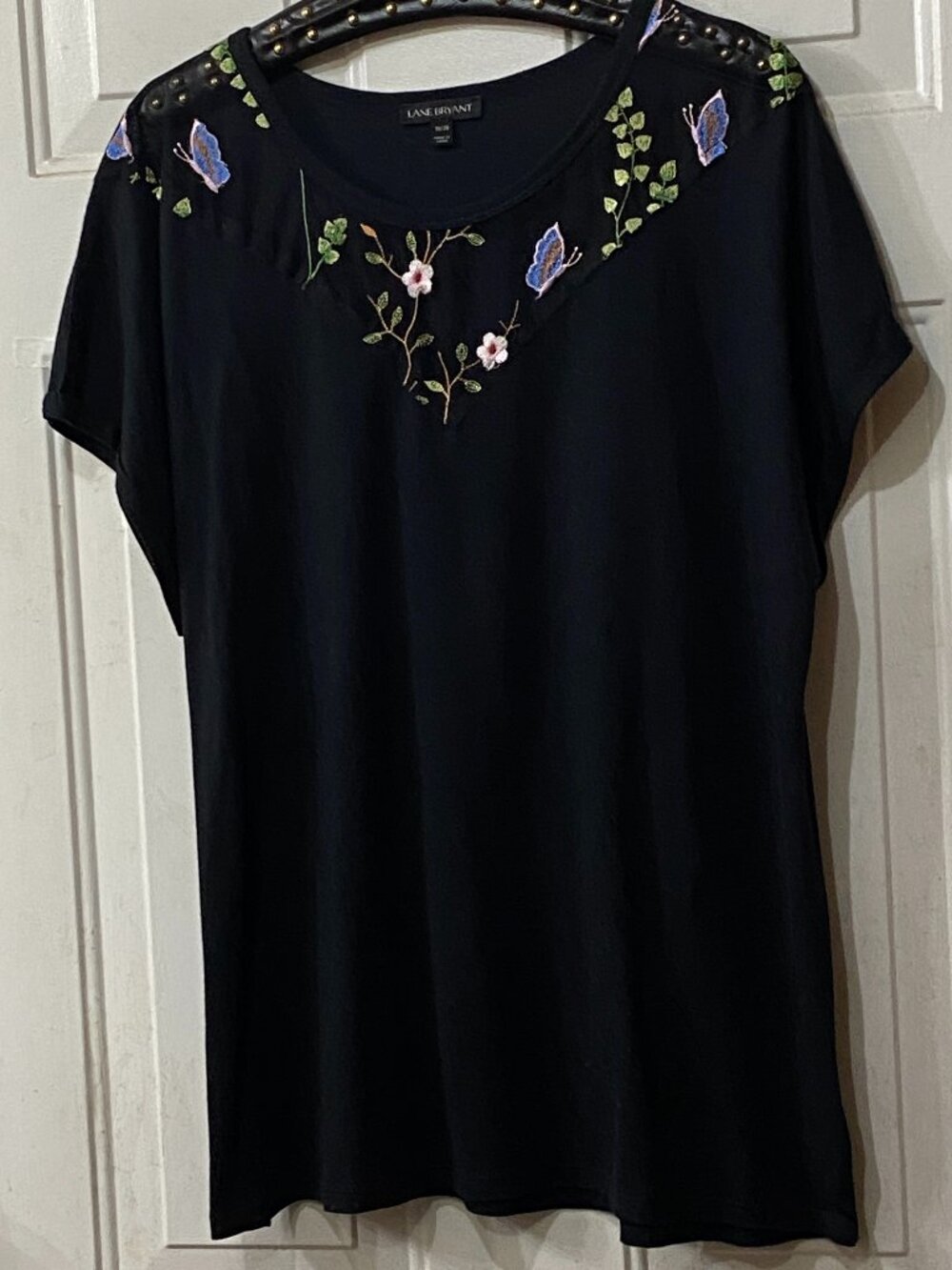 Lane Bryant Knit Blouse Tee Cap Sleeve Black Embroidered Mesh Insert